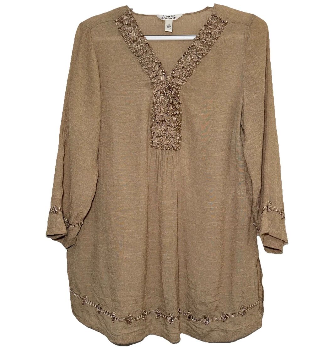 Krazy Kat Women’s Small Beige Embellished Beaded Tunic Top 3/4 Sleeve Boho